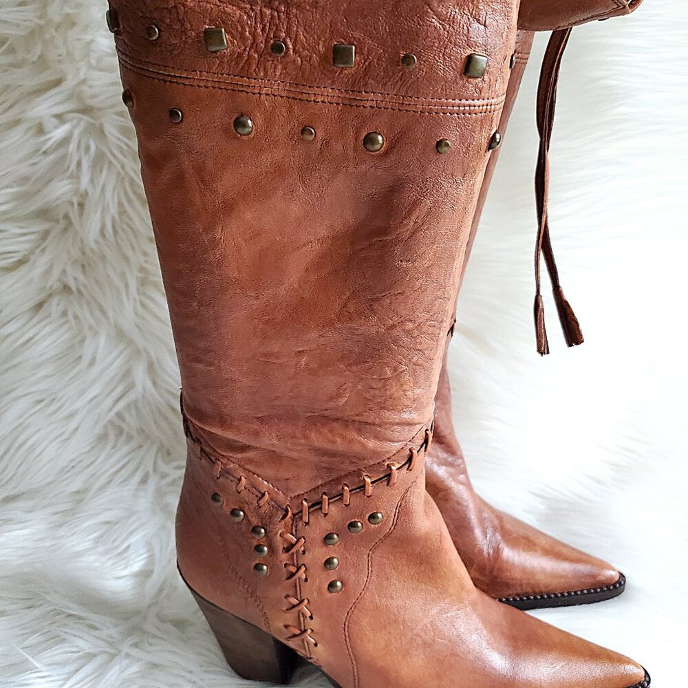 Andre' Cognac Leather Riding Studded Side Zipper Knee High Boot SZ 8 - Picture 6 of 16